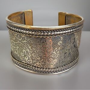 Vintage Aged Silvertone etched Wideband Cuff Bracelet